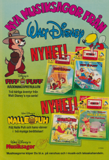 Reklam för nya musiksagor från Walt Disney med bland andra Räddningspatrullens Piff & Puff