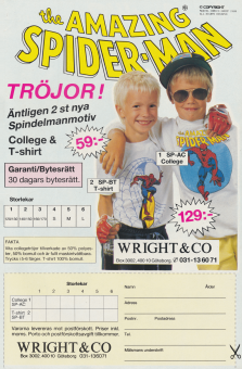 Reklam för Wright & Co som tillverkar tröjor och t-shirts med motiv från Spindelmannen