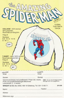 Reklam från Wright & Co som säljer tröjor med Spinderman-tryck
