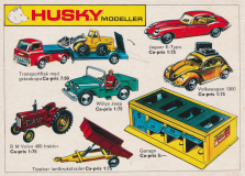 Reklam för sex nya modeller från Husky. Dessa är illustrerade tillsammans med ett garage från samma tillverkare, Husky.