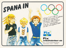 Annons för t-shirts med OS-ringarna sydda eller tryckta på dem, avsändare är Fix Trikåfabriker i Söderköping