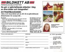 Reklam för företaget Bildikett som erbjuder foton på klisterark
