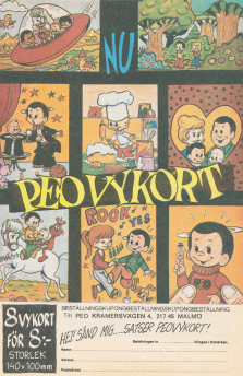 Internreklam för försäljning av vykort med motiv av serietidningen Peos figur Peo