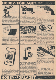 Postorderreklam för Hobby-förlaget, med prylar som självlysande färg, ollonrevoler och teleperiskop