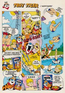 Reklam för Kelloggs Frosties frukostflingor. En seriestrip med Tony Tiger som hoppar från högsta nivån från hopptornet efter att ha ätit sina frosties