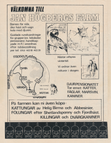 Reklam för Jan Högbergs farm med illustration av djur och karta i hur man hittar dit samt information om vad man kan göra på farmen