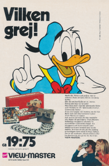 Annons för View-Master där det lyfts fram att man kan se Kalle Anka i 3D med View-Master