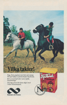 Reklam för chokladdrycken Top Kvick från Nordchoklad där man ser två tjejer till häst