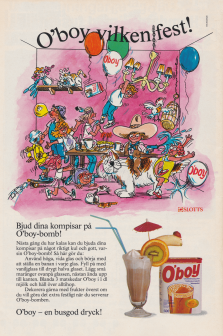 Illustration av ett kalas där en massa roliga saker händer. Reklam för chokladdrycken O'boy.