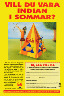 Annonserbjudande om att kunna köpa ett indiantält med reklam för drycken Festis