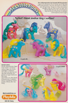 Två bilder med sex hästdockor från My Little Pony på varje, annons för leksaksserien My Little Pony