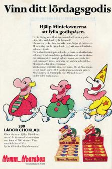 Reklam för Marabous miniförpackningar av godis med deras tre maskoterna i form av små clowner
