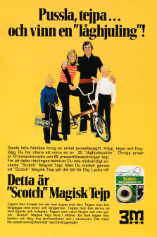 Tävlingsreklam för man kan vinna cyklar, radio med mera. Arrangerad av 3M och deras produkt "scotch" tejp