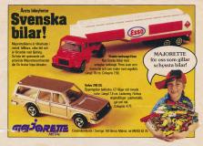 Reklam för leksaksbilar från Majorette, en Volvo 245 och en Scania tankvagn