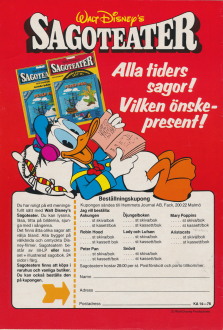 Reklam för Walt Disneys Sagoteater, med en bild på Kalle Anka som visar upp vilka sagor som finns tillgängliga att beställa mot en kostnad av 28 kr per saga