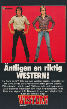 Reklam för serietidningen Westernserier med två killar mot en röd bakgrund