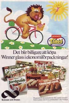 Reklam för Winner glass med ett tecknat lejon på en cykel samt olika glassförpackningar
