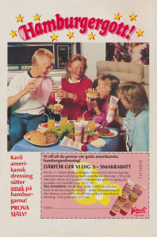 Reklam för Kavli hamburgerdressing med fyra personer runt ett bord som håller på och förbereder och ska äta hamburgare