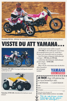Reklam för mopeder och motocross från Yamaha, tre foton på olika modeller