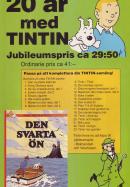 Annons för seriefiguren Tintin där alla hittills utkomna album listas tillsammans med lite bilder på figurerna