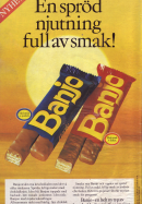Annons för godisbiten Banjo, en ny sorts kexchoklad med smak av jordnöt eller kokos.