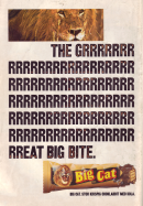 Reklam för chokladbiten Big Cat med en bild av ett lejon och copyn "The great big bite"