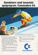 Annons för hemdatorn Commodore 64 med en skidåkare på skärmen och två personer som spelar spelet