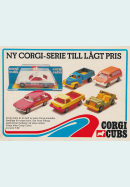 Reklam för de små leksaksbilarna från Corgi. Sex stycken småbilar står uppradade i annonsen.