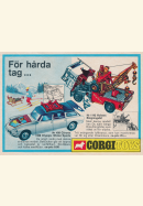 Annons som visar två nya leksaksbilar från Corgi Toys - en sportbil och en bärgningsbil