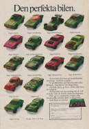 Reklam för leksaksbilar från Matchbox i en annons där 16 bilar visas upp