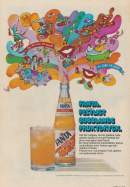 En fantasifull illustration som kommer upp ur en glasflaska full med apelsinläsken Fanta