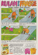 Annons för frukostflingesorten Kulfras med en tecknad serie med två elefanter som visar trafikssäkerhet