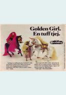 Annons för dockan Golden Girl som på reklambilden står bredvid sin vita häst, i bakgrunden lurar den kusliga Dragon Queen
