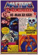 Reklam för de nya leksakerna Master of the Universe, där teckningar av tre av leksaksfugurerna syns i olika situationer