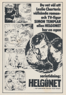 Reklam för serietidningen Helgonet, baserat på böcker av Leslie Charteris och på tv-serien med Roger Moore i huvudrollen