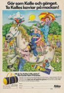 Illustration av Jane Bark som gör reklam för Kalles kaviar genom att visa upp tre barn som sitter på en häst och har jätteskoj