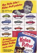 Reklam för frukostflingorna Kalas-puffar där man även får leksaksbilar i paketen