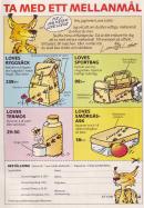 Annons för Mejeriernas maskot Love Lofot där man kan köpa väskor, termos och smörgåsask med Loves märken på