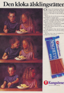 Reklam för spaghetti från Kungsörnen med tre bilder som hämtat inspiration från en klassisk scen från filmen Lady & Lufsen