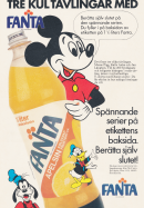 Reklam för drycken Fanta med Musse Pigg och Långben som syns i annonsen