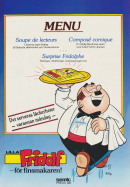 Reklam för serietidningen Lilla Fridolf med en bild på Fridolf som en servitör, som kommer gåendes med tidningen på ett guldfat