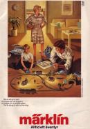 Reklam för en modelljärnväg från Märklin med en pappa och en son som leker med den på golvet