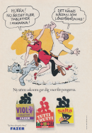 Seriefigurerna Blondie och hennes man Dagobert dansar omkring i en serieteckning och meddelar att Fazer har ökat storleken på sina tablettaskar