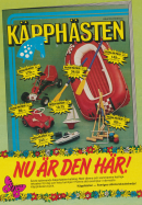 Reklam för leksakskatalogen Käpphästen med en bild på ett urval av leksaker som finns representerade i katalogen