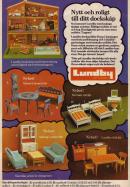 Reklam för Lundby dockhus med nya möbler där de olika seten visas upp 