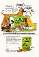Annons för tablettasken Pluto, som visar upp innehållet som är frukttabletter utan vanligt socker