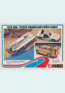 Fotografier på två leksaksbilar samt en racerbåt. Reklam för Corgi toys.