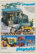 Annons med uppbyggd safaristuga från Playmobil och byggsatser med allehanda tropiska djur