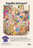 En bild av ett gäng undgomar, hämtade från sagovärlden, som sitter runt ett bord som dignar av kakor och mackor