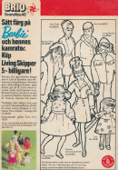 Reklam för dockan Barbie och hennes kamrater där du kan färglägga en bild av dem och få rabatt när du köper dockan Living Skipper